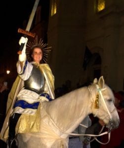 Martha Pinney as Joan of Arc on horseback in the 2018 parade