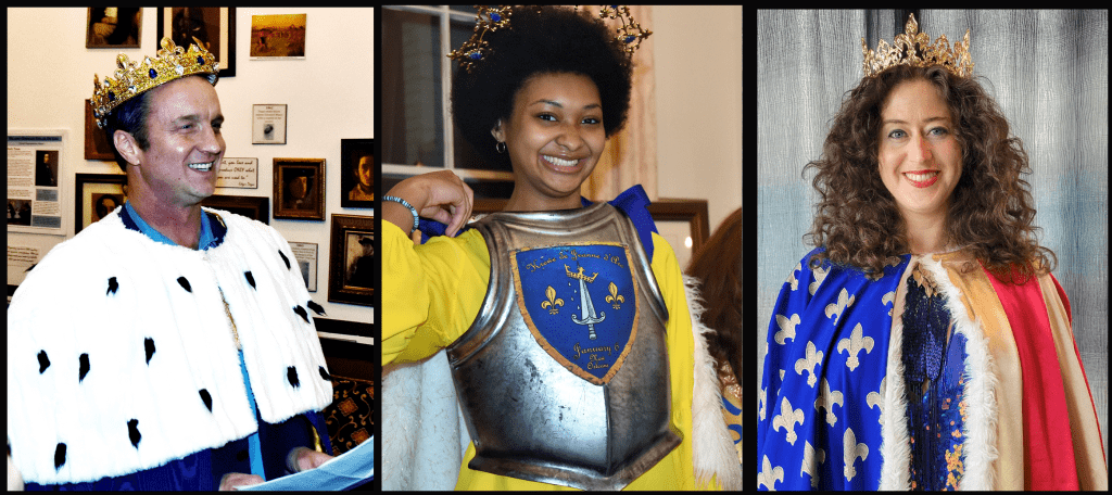 Krewe de Jeanne d'Arc 2024 Court: Louis Michot portraying King Charles VII; Marley Marsalis portraying Joan of Arc; and Hannah Kreiger-Benson portraying Queen Yolande