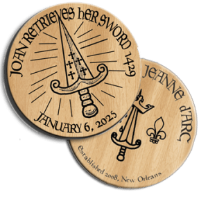 Wood doubloon text reads "Joan retrieves her sword 1429"