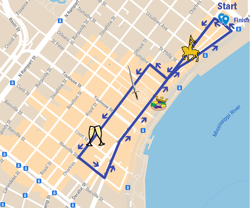 Start at Decatur and French Market Place, continue on Decatur to Dumaine Street (pause to sing Happy Birthday at the Joan of Arc statue), right on Dumaine, left onto Chartres, continue down Chartres with a stop at Saint Louis Cathedral for the sword blessing ceremony, stop at Conti Historic New Orleans Collection balcony for toasts, right on Bienville, left on Decatur, stop at Oscar Dunn Park sidewalk amphitheater for king cake ceremony, continue down Decatur/S. Peters back to French Market.