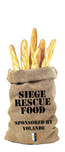 Burlap sack of baguettes, with an army-style stencil label saying "Siege rescue food sponsored by Yolande"