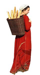Medieval person carrying a large basket backpack of baguettes
