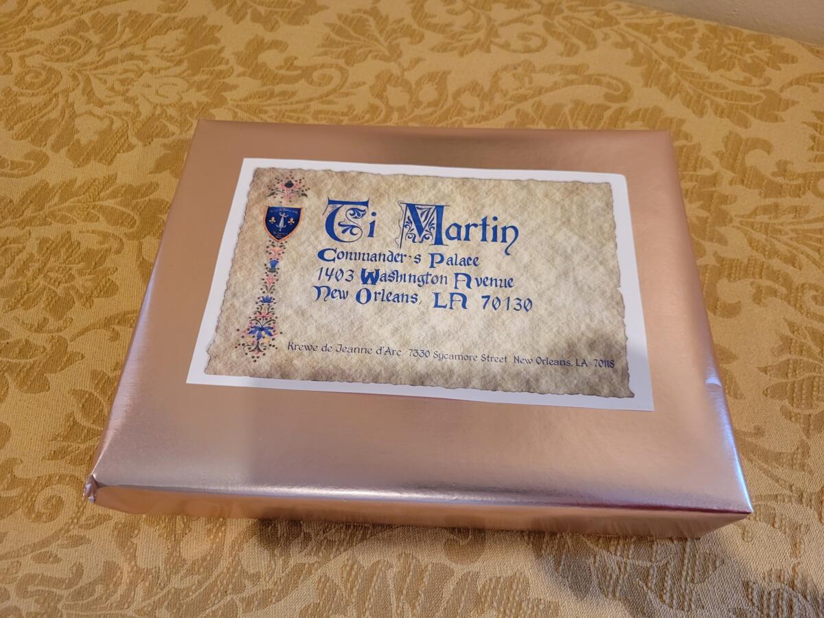 Packaged addressed to Ti Martin from Krewe de Jeanne d'Arc